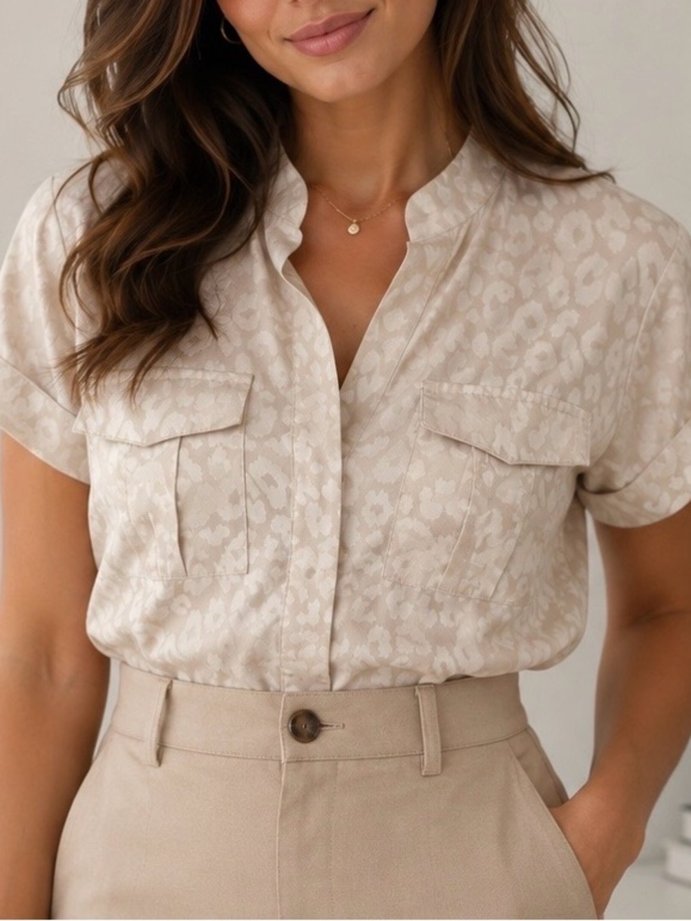 Calvin Klein Ivory Leopard-Jacquard Button Front Top